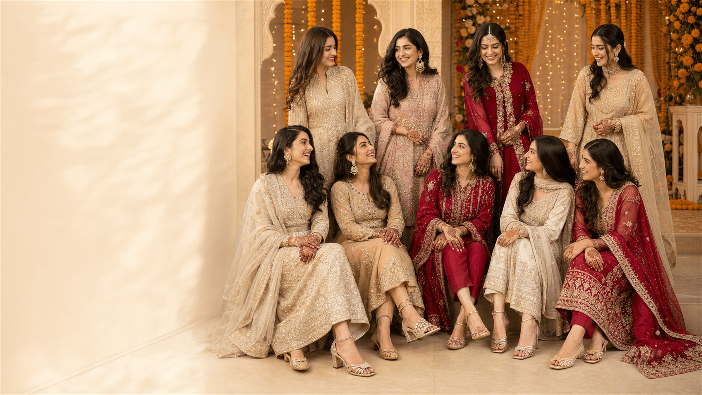 Pakistani women showcasing bridal footwear at a mehndi celebration