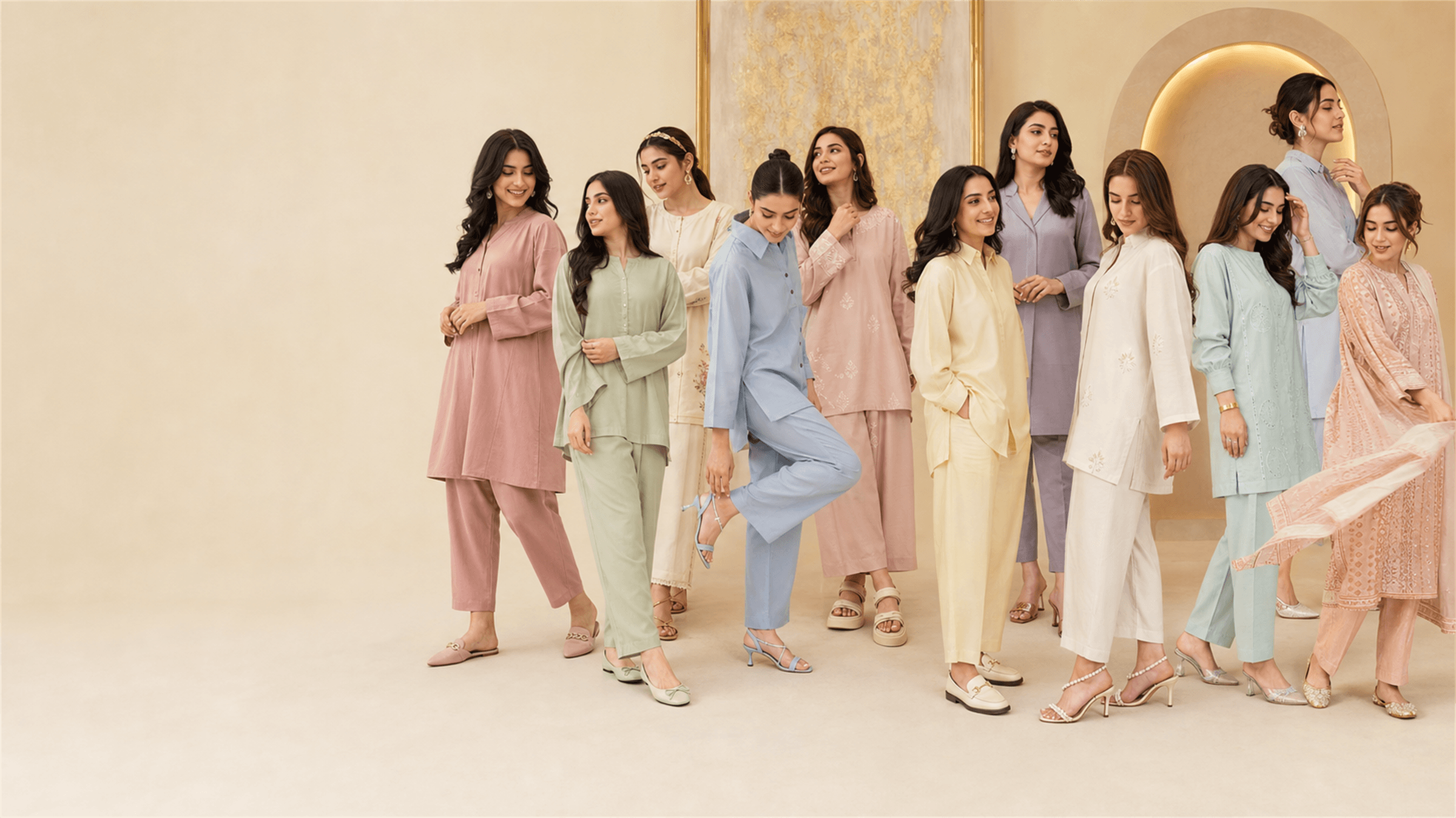 Pakistani women showcasing new footwear styles in a cream gallery