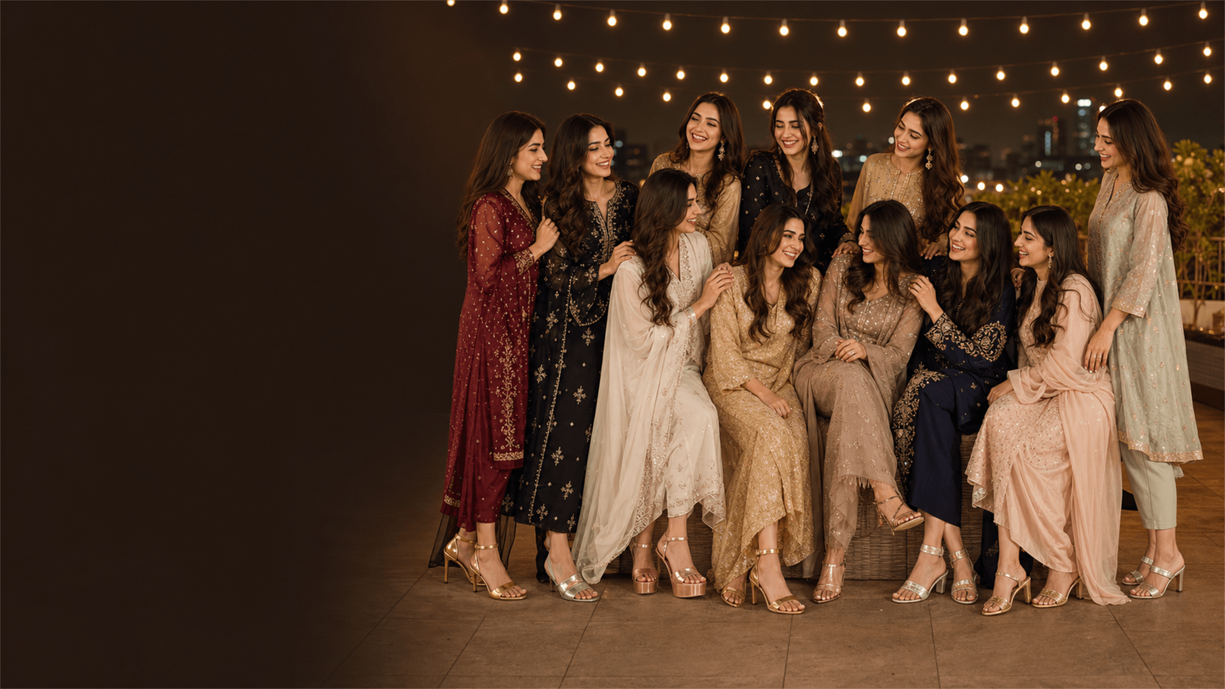 Pakistani women showcasing metallic party sandals at a rooftop event